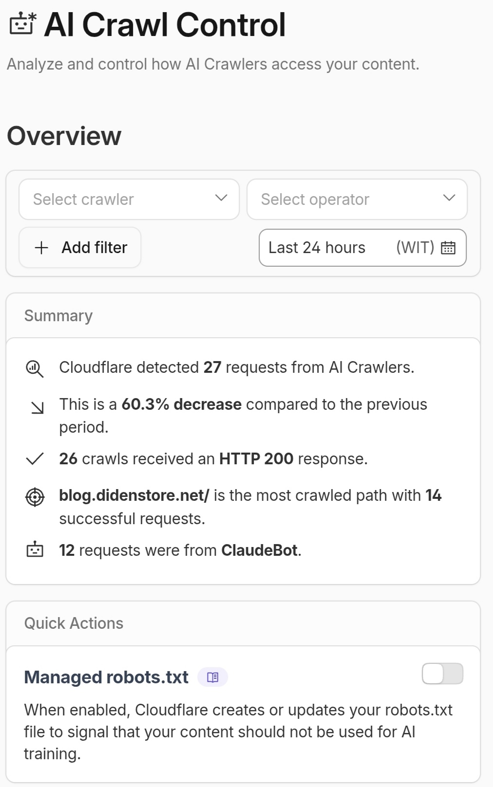 Cloudflare AI Crawl Control Dashboard