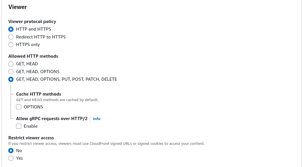 AWS CloudFront viewer protocol policy and allowed HTTP methods configuration for proxy tunnel