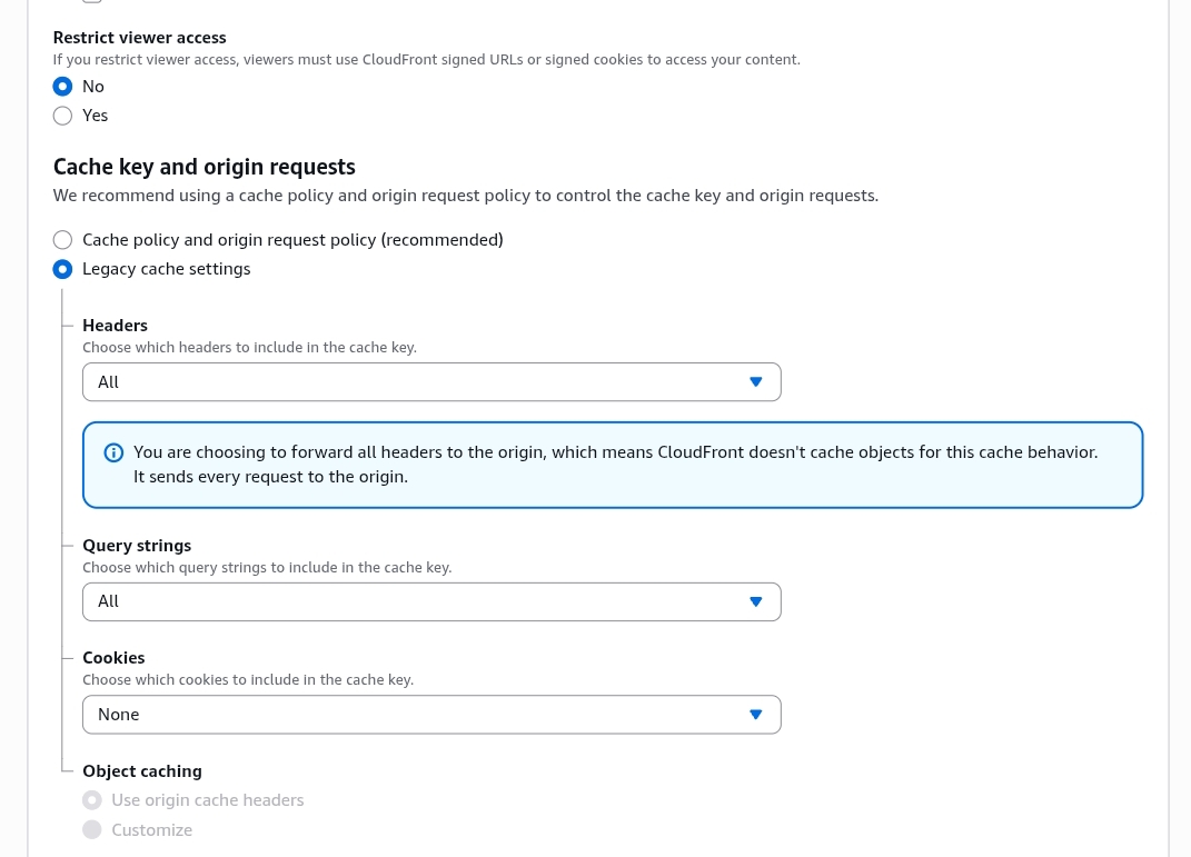 AWS CloudFront legacy cache settings forwarding all headers and query strings to origin