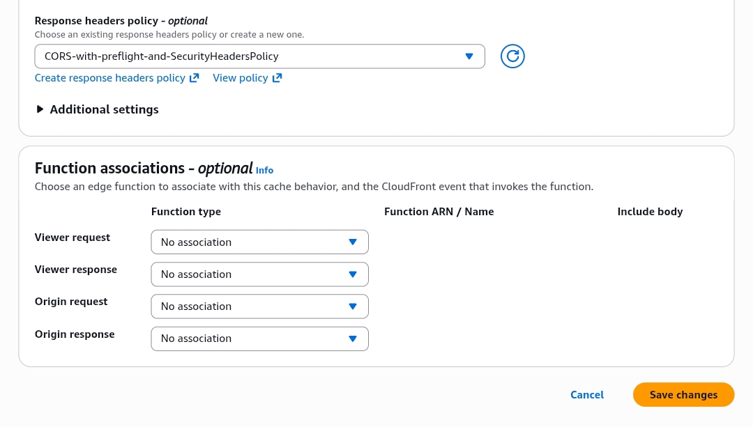 AWS CloudFront response headers policy and edge function associations dashboard