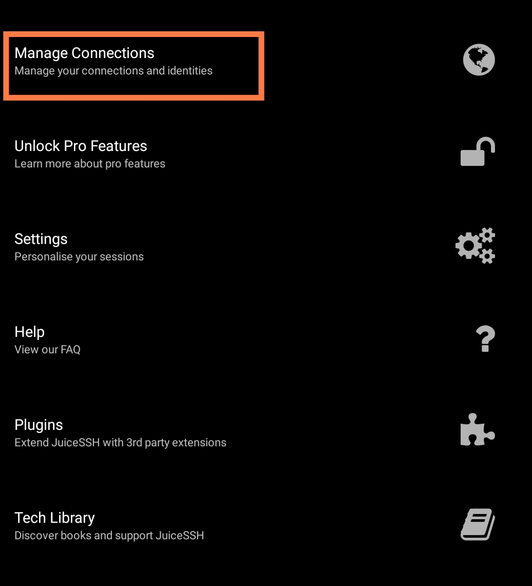 JuiceSSH Manage Connections Menu